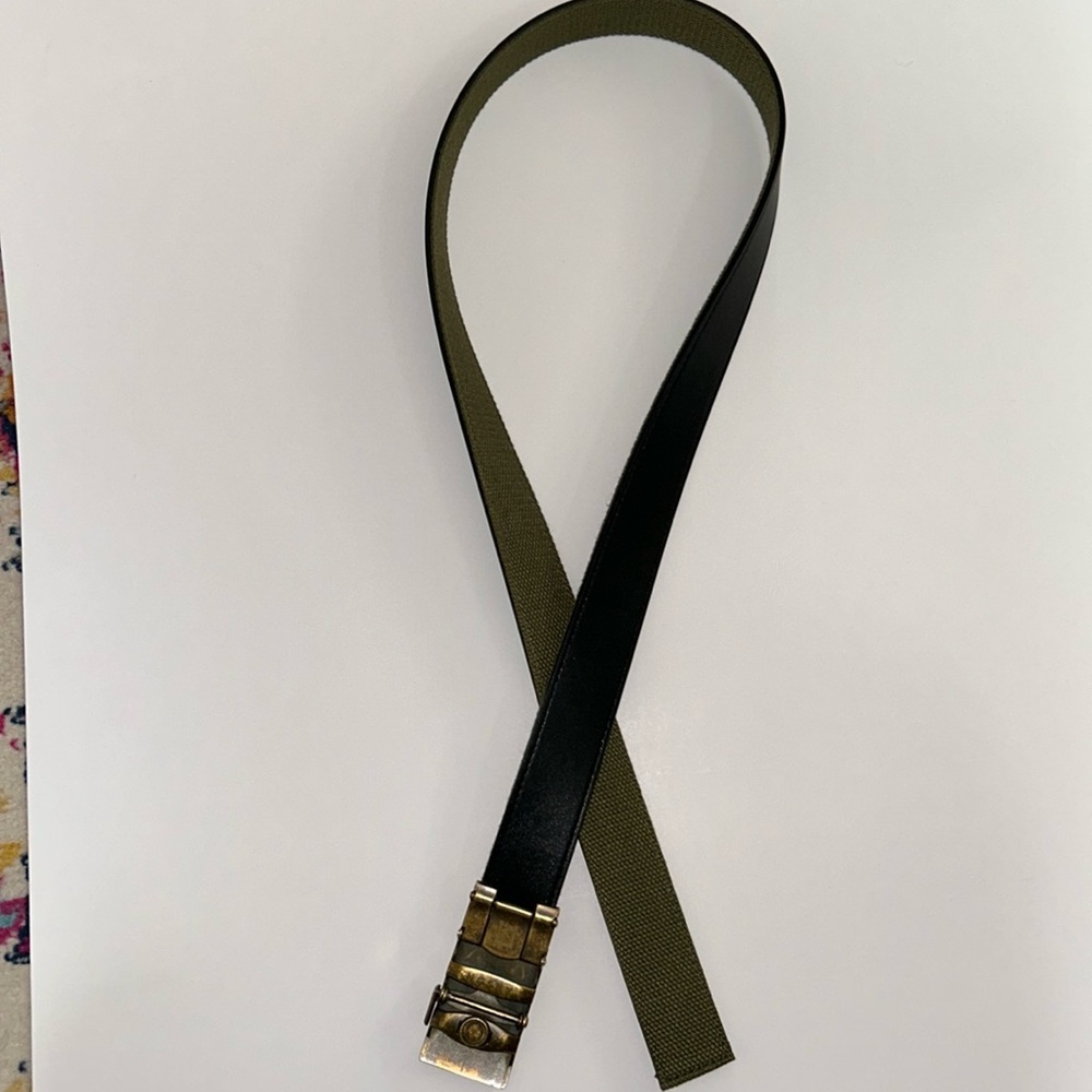 Men’s Anson reversible belt, green canvas , and black leather 41” belt/buckle